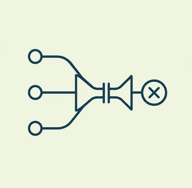 Minimalist blue icon showing data convergence into a central hub with an error cross symbol.