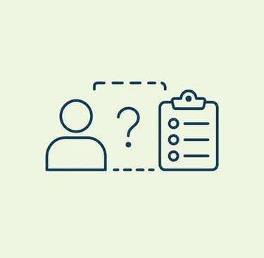 A minimal line icon showing a person, a question mark, and a checklist representing a user profile survey or assessment.