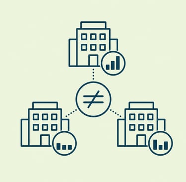 A line art graphic showing a benchmarking comparison between buildings using financial data charts.