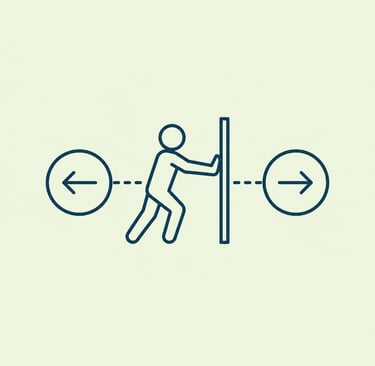 Line icon of a person figure pushing a wall between two direction arrows representing business strategy.