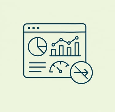 A data analytics dashboard icon featuring a pie chart, bar graph, and speedometer with a crossed-out arrow.