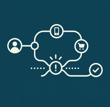 A flat line icon illustration showing a user journey through mobile shopping and checkout verification.