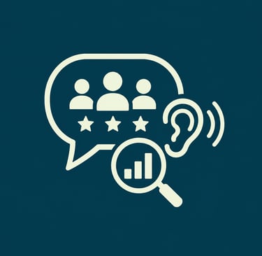 Social listening icon featuring employee reviews, analysis bar chart, and ear symbol.