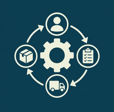 Supply chain management diagram showing workflow icons for personnel, logistics, and inventory around a central gear.