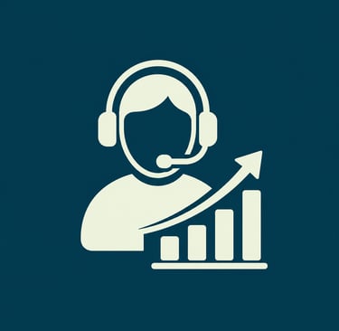 Customer support agent icon with headset and rising growth bar chart for sales performance.