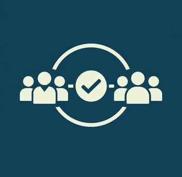 An icon showing a checkmark circle connecting two groups of people representing team collaboration and consensus.