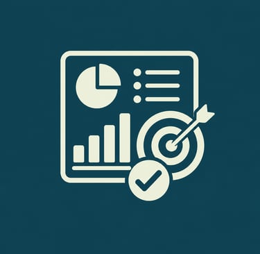 Business data dashboard icon with analytics charts, target goal achievement, and success metrics.