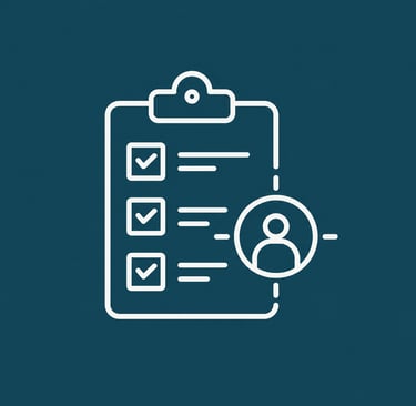 White line icon of a clipboard checklist with a user profile symbol on a dark blue background.