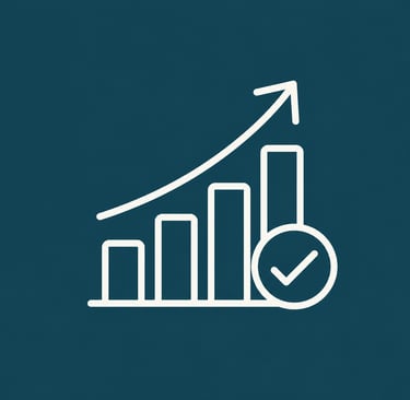 White line icon showing a business growth bar chart with an upward arrow and a checkmark symbol.