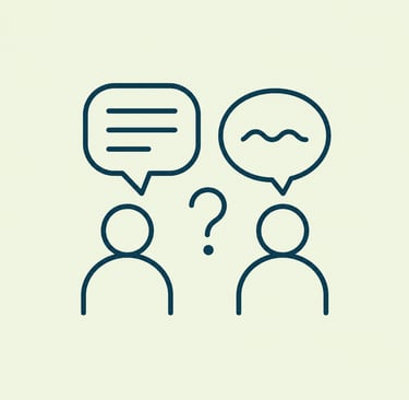 Icon of two people with speech bubbles and a question mark, representing communication, discussion, and problem-solving.