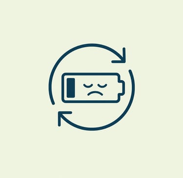 Low battery icon with a sad face inside circular arrows symbolizing power drainage and recharge cycle.