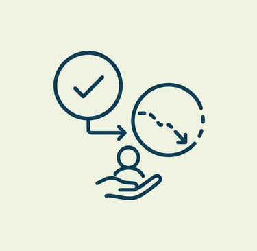 A line art business icon showing a person icon being supported by a hand, symbolizing task completion and risk reduction.
