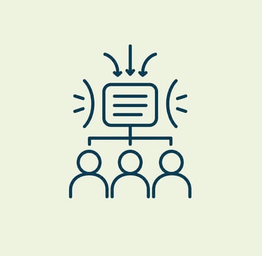 A minimalist line art icon representing internal communications and information flow to a team of three people.