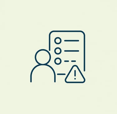 Minimalist line icon of a person with a checklist and a warning alert sign representing user error.