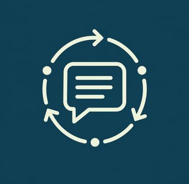 A minimalist communication feedback loop icon featuring a speech bubble inside a circular arrow.