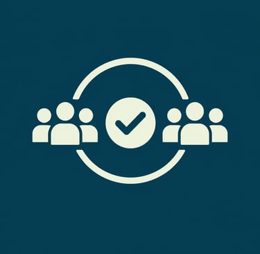 A minimalist blue and white icon showing people icons and a checkmark for team approval.