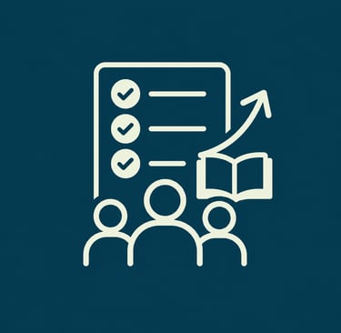 Business training icon showing a team, checklist, and growth arrow for professional development.