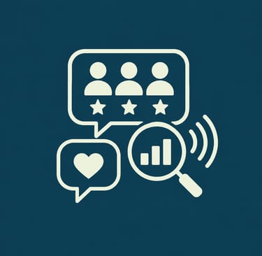 Customer feedback icon set showing star ratings, user reviews, and data analytics on a dark background.