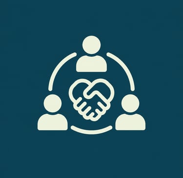 White community partnership icon with figures and a handshake forming a heart on a blue background.