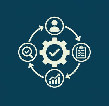 Process management icon showing quality control, data analysis, and workflow optimization.