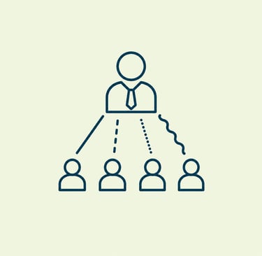 Organizational chart icon showing a manager leading a diverse team through various communication channels.