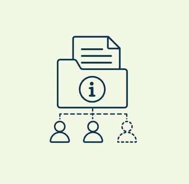 Minimalist line icon of a digital document folder with information symbol shared with three user profiles.