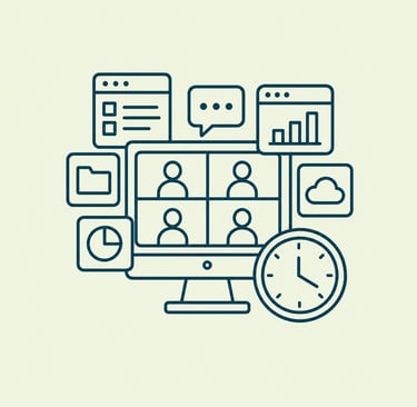 Minimalist line icon of a video conference on a computer monitor with business data charts and a clock.