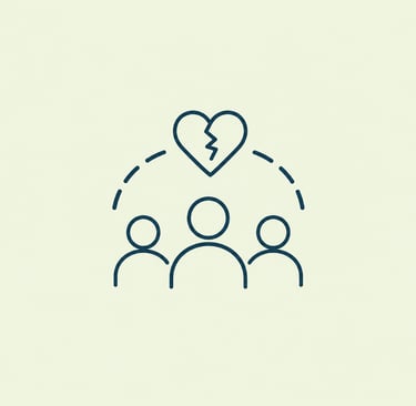 Minimalist icon of three people below a broken heart representing family conflict or relationship breakdown.