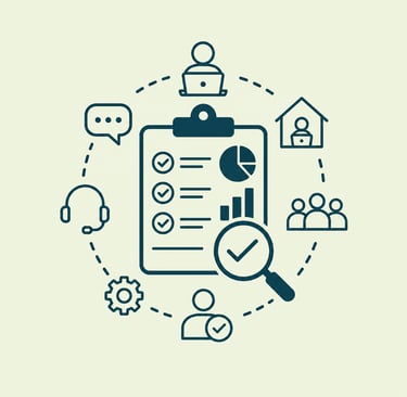 A circular icon arrangement showing various aspects of a managed service provider (MSP) business, including helpdesk