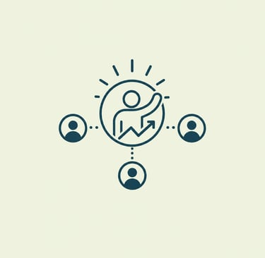 A minimalist business growth icon showing a leader motivating a team with an upward arrow and people icons.