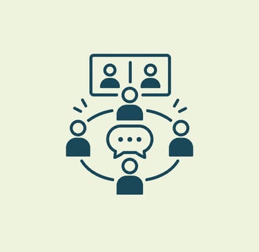 A minimalist flat icon representing team collaboration, online video conferencing, and remote communication.