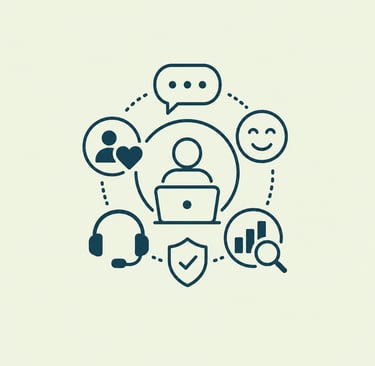Customer service representative icon surrounded by support symbols like a headset, shield, and chat bubble.