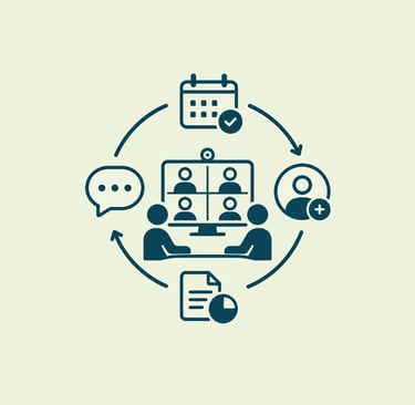 A circular workflow icon showing video conferencing, scheduling, and team collaboration for remote work.