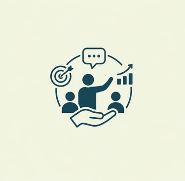 Business growth icon showing a leader coaching a team with target and bar graph symbols.