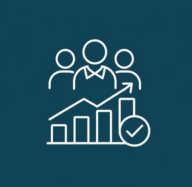 White line icon showing team growth with a rising bar chart and arrow on a blue background.