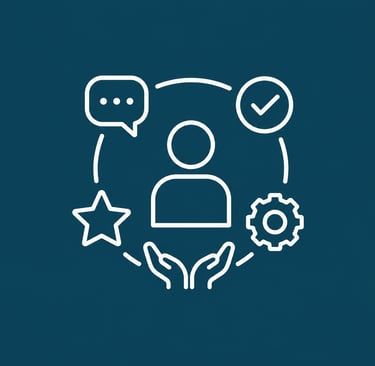 White line icon representing customer experience with person, speech bubble, and settings icons.