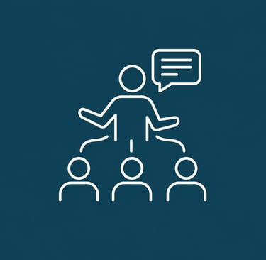 White line icon of a public speaker presenting to an audience with a speech bubble.