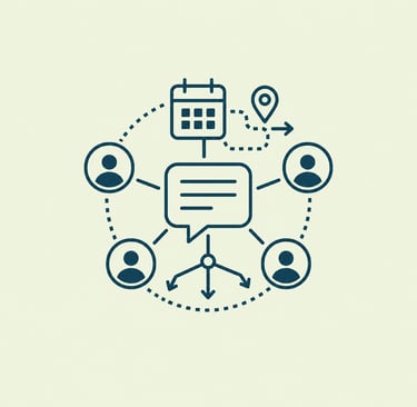 Flat line icon showing team collaboration with calendar, speech bubble, and people for project planning.