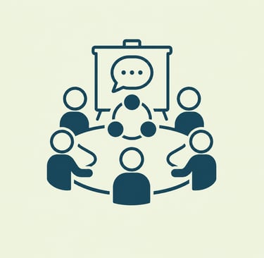 Business team meeting icon showing people sitting around a table for a collaborative workshop.
