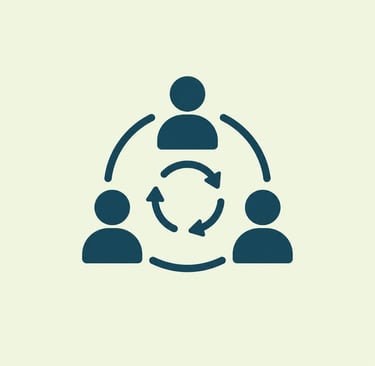 A team collaboration icon showing three people linked by circular arrows symbolizing workflow and communication.