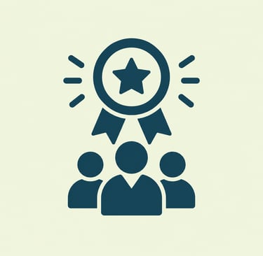 Blue team success icon showing a star medal award above three people symbols for business achievement.