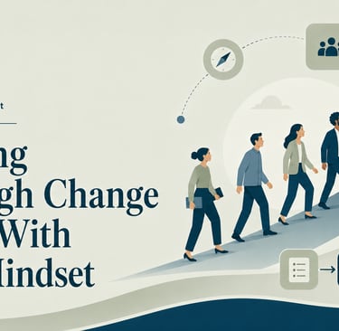 Business team walking up a growth arrow illustrating leading through change and leadership mindset.