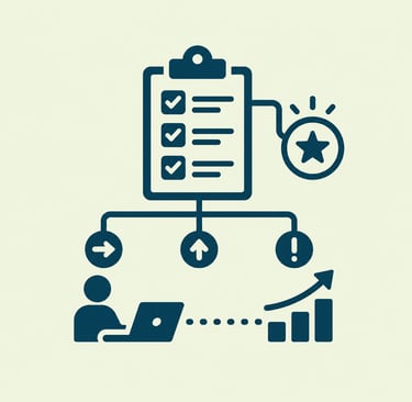 Project management icon showing a checklist, task flow, and growth chart for business productivity.
