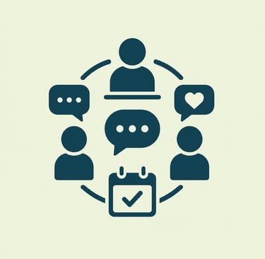 Social media networking icon featuring user avatars, chat bubbles, and event calendar icons.