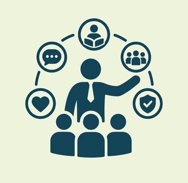 Corporate leadership icon showing a manager guiding a team through communication and security strategy.