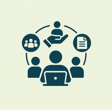 Business management icon showing team collaboration, customer support, and project documentation symbols.
