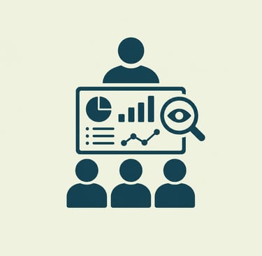 Business data analysis icon showing a presenter sharing charts and graphs with a team for market insights.