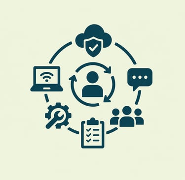 Digital ecosystem graphic showing cloud security, laptop, teamwork, and business process automation icons.