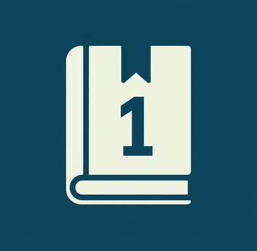 A white book icon with a number one and a bookmark on a dark blue background.