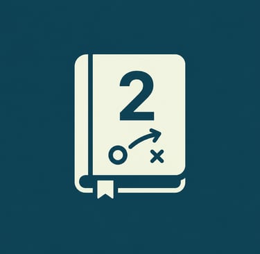 Minimalist playbook icon showing a number 2 and strategy symbols on a white book.